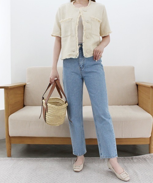 MODE ROBE（モードローブ）の「フリンジライン半袖ツイードジャケット（ノーカラージャケット・レディース・アイボリー/ブラック・FREE）」の12枚目の写真