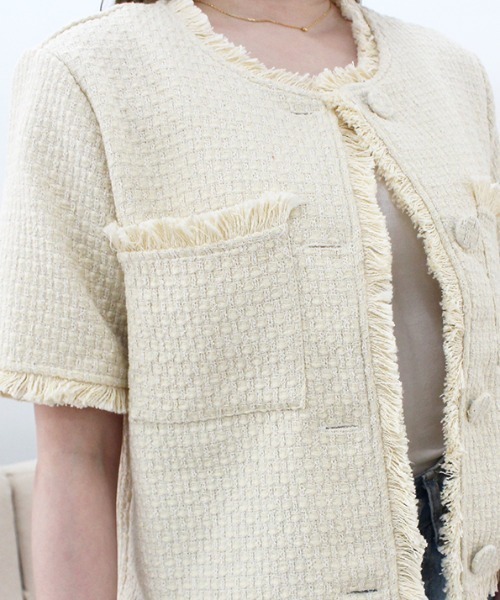 MODE ROBE（モードローブ）の「フリンジライン半袖ツイードジャケット（ノーカラージャケット・レディース・アイボリー/ブラック・FREE）」の14枚目の写真