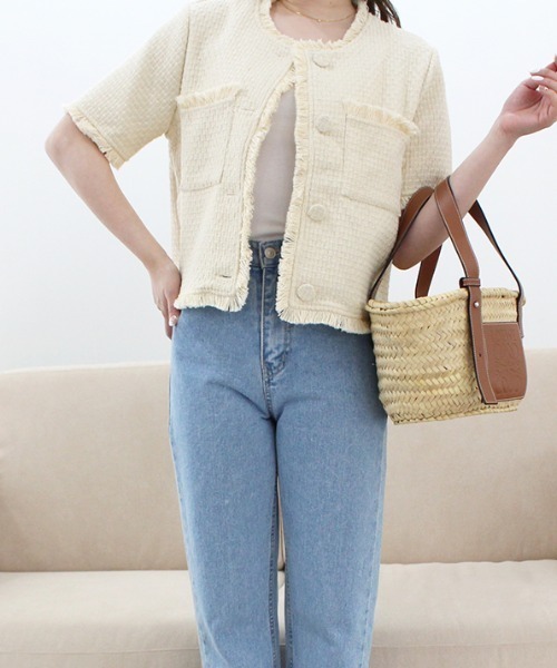 MODE ROBE（モードローブ）の「フリンジライン半袖ツイードジャケット（ノーカラージャケット・レディース・アイボリー/ブラック・FREE）」の17枚目の写真