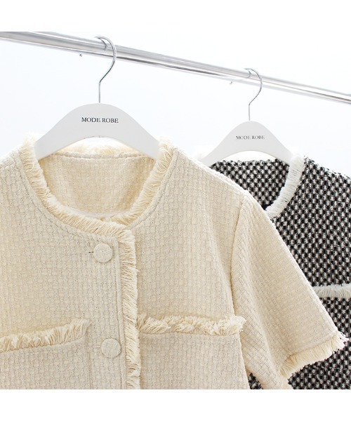 MODE ROBE（モードローブ）の「フリンジライン半袖ツイードジャケット（ノーカラージャケット・レディース・アイボリー/ブラック・FREE）」の18枚目の写真