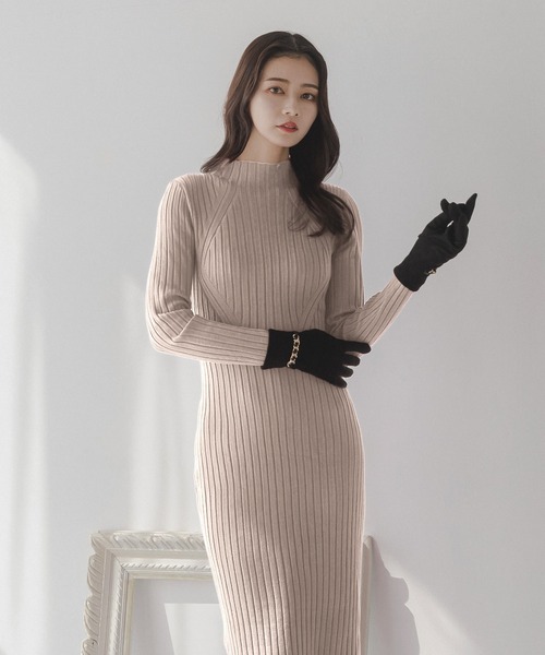 セール】ロング丈 ハイネック ニットタイトワンピース（ワンピース