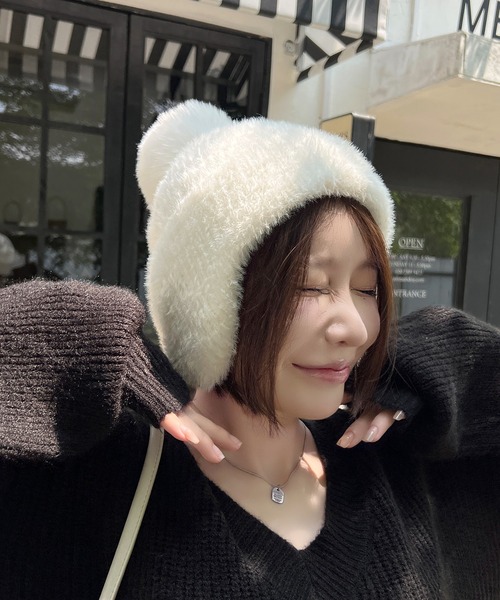 EPICKS（エピックス）の「耳当て付きポンポンニット帽（ニットキャップ/ビーニー・レディース・ブラウン/ホワイト/ピンク/アイボリー/ベージュ・FREE）」の11枚目の写真