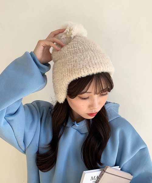 EPICKS（エピックス）の「耳当て付きポンポンニット帽（ニットキャップ/ビーニー・レディース・ブラウン/ホワイト/ピンク/アイボリー/ベージュ・FREE）」の16枚目の写真