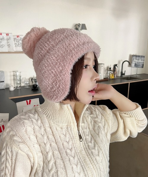 EPICKS（エピックス）の「耳当て付きポンポンニット帽（ニットキャップ/ビーニー・レディース・ブラウン/ホワイト/ピンク/アイボリー/ベージュ・FREE）」の18枚目の写真