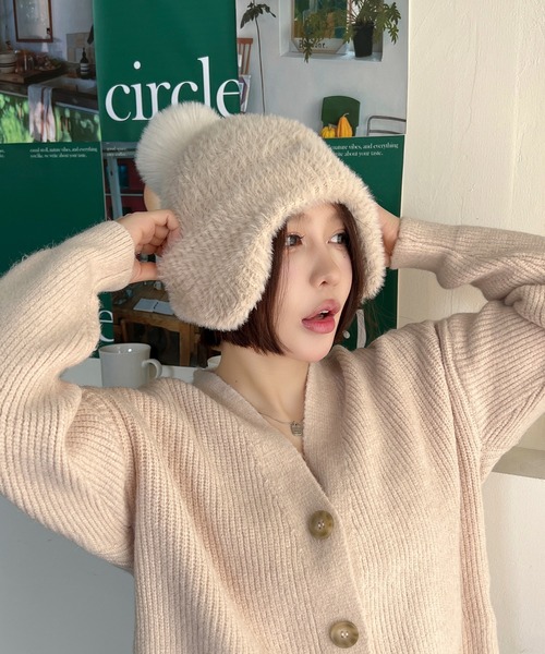 EPICKS（エピックス）の「耳当て付きポンポンニット帽（ニットキャップ/ビーニー・レディース・ブラウン/ホワイト/ピンク/アイボリー/ベージュ・FREE）」の19枚目の写真