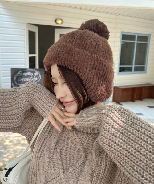 EPICKS（エピックス）の「耳当て付きポンポンニット帽（ニットキャップ/ビーニー・レディース・ブラウン/ホワイト/ピンク/アイボリー/ベージュ・FREE）」の20枚目の写真