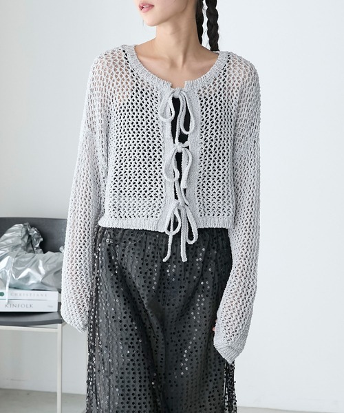 forksy.】ラメ入りミックスカラーメッシュニットリボンカーディガン