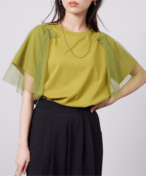 Chez toi(シェトワ)の「袖チュール重ね半袖プルオーバー(Tシャツ/カットソー・レディース・ライトグレー/オフホワイト/チャコールグレー/オリーブ・FREE)」の1枚目の写真