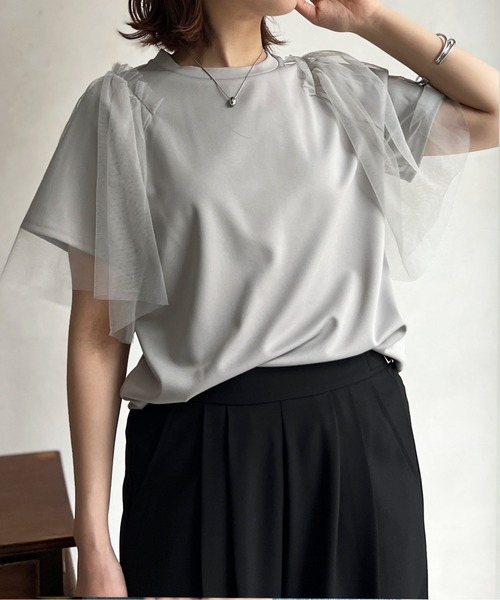 tシャツ ドットチュール重ねプルオーバー レディース Chez toi（シェトワ）の「袖チュール重ね半袖プルオーバー（T