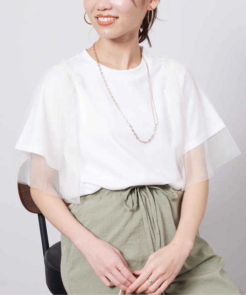 Chez toi(シェトワ)の「袖チュール重ね半袖プルオーバー(Tシャツ/カットソー・レディース・ライトグレー/オフホワイト/チャコールグレー/オリーブ・FREE)」の6枚目の写真