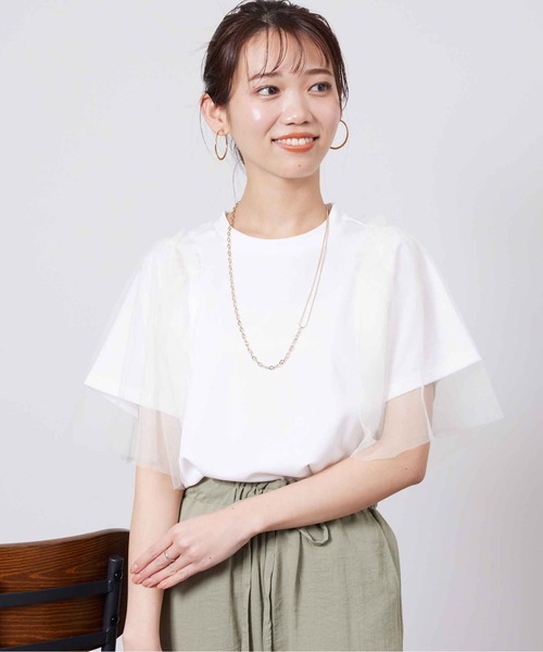 Chez toi(シェトワ)の「袖チュール重ね半袖プルオーバー(Tシャツ/カットソー・レディース・ライトグレー/オフホワイト/チャコールグレー/オリーブ・FREE)」の7枚目の写真