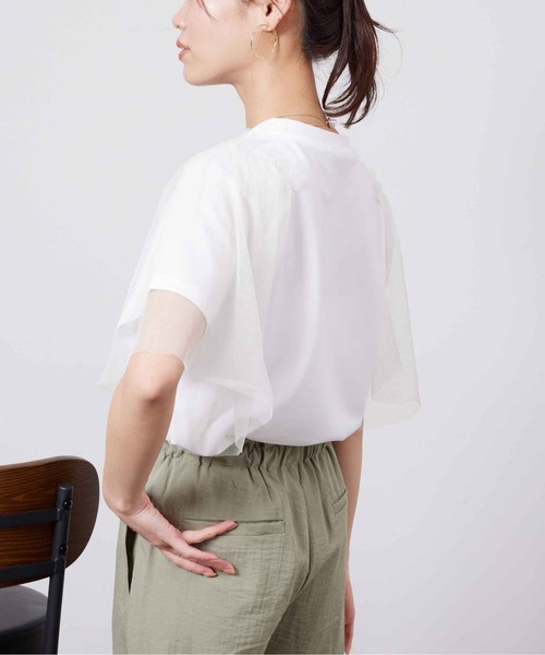 Chez toi(シェトワ)の「袖チュール重ね半袖プルオーバー(Tシャツ/カットソー・レディース・ライトグレー/オフホワイト/チャコールグレー/オリーブ・FREE)」の9枚目の写真