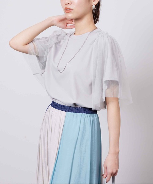 Chez toi(シェトワ)の「袖チュール重ね半袖プルオーバー(Tシャツ/カットソー・レディース・ライトグレー/オフホワイト/チャコールグレー/オリーブ・FREE)」の17枚目の写真