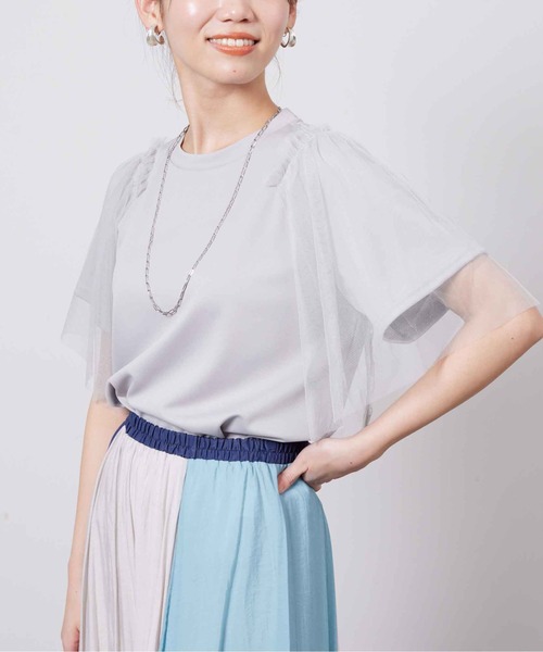 Chez toi(シェトワ)の「袖チュール重ね半袖プルオーバー(Tシャツ/カットソー・レディース・ライトグレー/オフホワイト/チャコールグレー/オリーブ・FREE)」の18枚目の写真