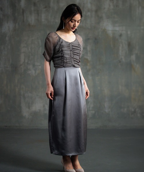 DRESS PLUS（ドレスプラス）の「ワンピース ドレス 結婚式 異素材ドッキング（ドレス・レディース・グレー/ブラック/ベージュ・M/L/S）」の3枚目の写真