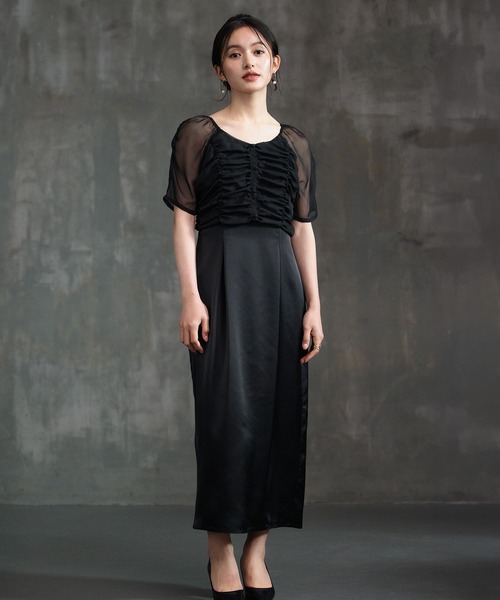 DRESS PLUS（ドレスプラス）の「ワンピース ドレス 結婚式 異素材ドッキング（ドレス・レディース・グレー/ブラック/ベージュ・M/L/S）」の2枚目の写真