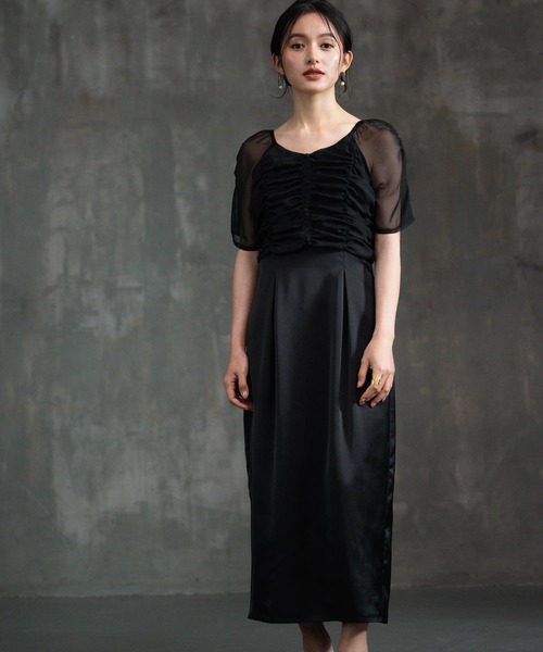 DRESS PLUS（ドレスプラス）の「ワンピース ドレス 結婚式 異素材ドッキング（ドレス・レディース・グレー/ブラック/ベージュ・M/L/S）」の9枚目の写真