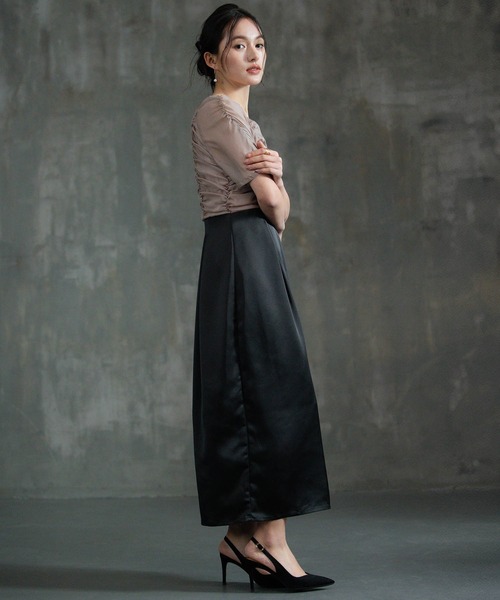 DRESS PLUS（ドレスプラス）の「ワンピース ドレス 結婚式 異素材ドッキング（ドレス・レディース・グレー/ブラック/ベージュ・M/L/S）」の13枚目の写真