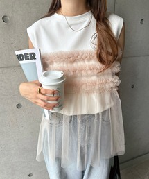 チュールドッキングビスチェ風プリーツトップス