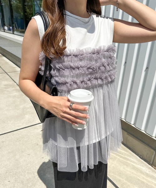 andme（アンドミー）の「チュールドッキングビスチェ風プリーツトップス（Tシャツ/カットソー・レディース・ホワイト×グレー/ブラック/ベージュ系その他/オフホワイト・FREE）」の10枚目の写真