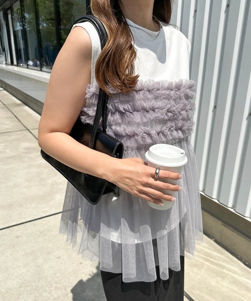 andme（アンドミー）の「チュールドッキングビスチェ風プリーツトップス（Tシャツ/カットソー・レディース・ホワイト×グレー/ブラック/ベージュ系その他/オフホワイト・FREE）」の11枚目の写真
