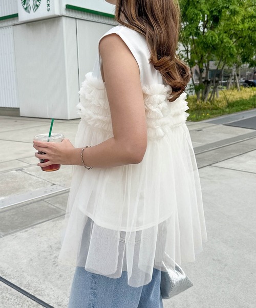 andme（アンドミー）の「チュールドッキングビスチェ風プリーツトップス（Tシャツ/カットソー・レディース・ホワイト×グレー/ブラック/ベージュ系その他/オフホワイト・FREE）」の13枚目の写真