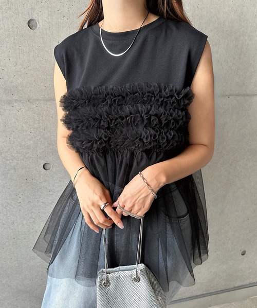 andme（アンドミー）の「チュールドッキングビスチェ風プリーツトップス（Tシャツ/カットソー・レディース・ホワイト×グレー/ブラック/ベージュ系その他/オフホワイト・FREE）」の20枚目の写真
