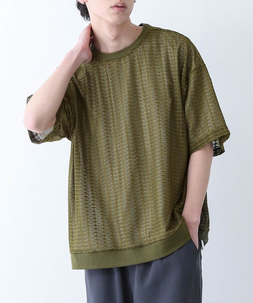 n'OrLABEL(ノアールレーベル)の「『透かし編みレースオーバーサイズ半袖Tシャツ』(Tシャツ/カットソー・メンズ・カーキ/ブラック・M/L)」の1枚目の写真
