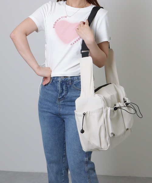 Lace Ladies（レースレディース）の「ソリッドカラー ドローコード付き 多ポケット ショルダーバッグ（ショルダーバッグ・レディース・グレー/ブラック/ホワイト・FREE）」の13枚目の写真