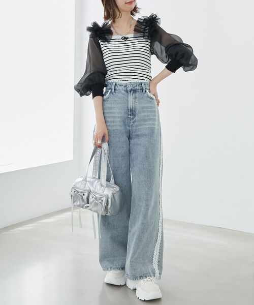 MAJESTIC LEGON（マジェスティックレゴン）の「肩フリルシアースリーブニット（ニット/セーター・レディース・ブラック/アイボリー/モカ/ブラック系その他・MEDIUM）」の9枚目の写真