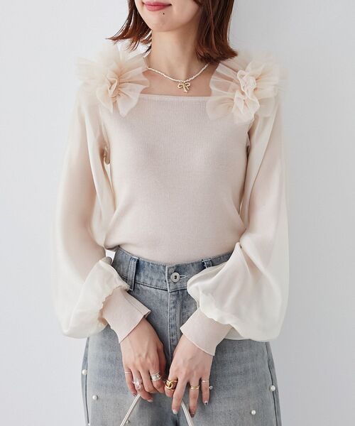 MAJESTIC LEGON（マジェスティックレゴン）の「肩フリルシアースリーブニット（ニット/セーター・レディース・ブラック/アイボリー/モカ/ブラック系その他・MEDIUM）」の22枚目の写真