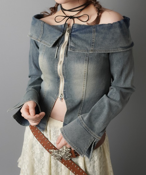 SPINNS(スピンズ)の「オーバーダイデニムWジップオフショルカットソー/Wジップカーディガン(Tシャツ/カットソー・レディース・ブルー/ブラック・ONESIZE)」の15枚目の写真