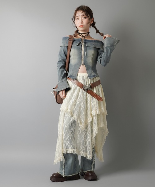 SPINNS(スピンズ)の「オーバーダイデニムWジップオフショルカットソー/Wジップカーディガン(Tシャツ/カットソー・レディース・ブルー/ブラック・ONESIZE)」の7枚目の写真