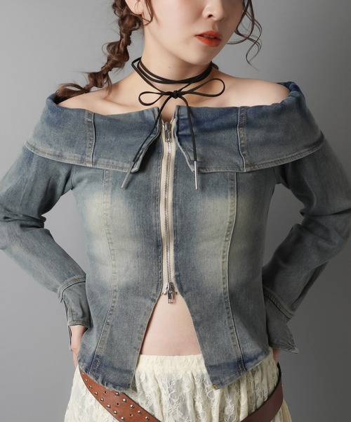 SPINNS(スピンズ)の「オーバーダイデニムWジップオフショルカットソー/Wジップカーディガン(Tシャツ/カットソー・レディース・ブルー/ブラック・ONESIZE)」の22枚目の写真