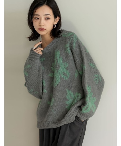 ニット セーター 「2024-25 WINTER COLLECTION」フラワー柄ジャガードクルーネックニットトップス レディース Re:EDIT ニット セーター 「2024-25 WINTER COLLECTION