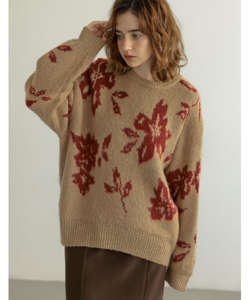 Re:EDIT（リエディ）の「[2024-25 WINTER COLLECTION]フラワー柄ジャガードクルーネックニットトップス（ニット/セーター・レディース・ブラック/グレー/ブラウン/ベージュ・MEDIUM/LARGE）」の18枚目の写真