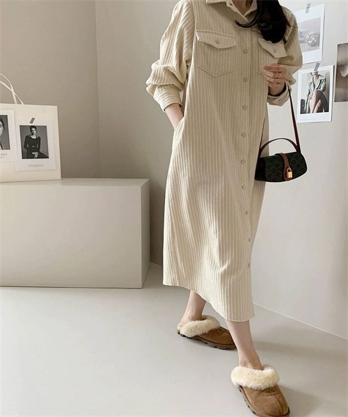 FREE STYLISTS(フリー スタイリスト)の「コーデュロイシャツワンピース(シャツワンピース・レディース・ブラック/ベージュ/ピンク・FREE)」の10枚目の写真