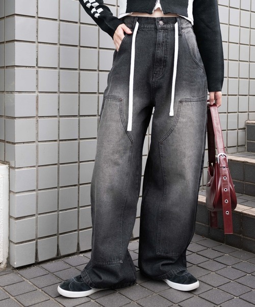 WEGO（ウィゴー）の「WEGO/【25年春夏新作】ヴィンテージウォッシュダブルニーバギーパンツ（デニムパンツ・レディース・ブラック/ダークブルー・SMALL/MEDIUM）」の11枚目の写真