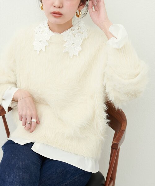 natural couture(ナチュラルクチュール)の「ロングフェザークルーネックニットプルオーバー(ニット/セーター・レディース・その他1/その他2/ブラウン/アイボリー・FREE)」の2枚目の写真