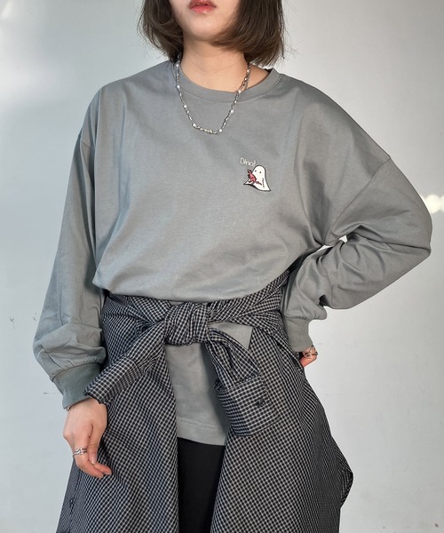 AS KNOW AS plus(アズノゥアズプラス)の「●おばけプリントと刺繍ロンT【UNISEX ITEM】(Tシャツ/カットソー・レディース・オフホワイト/オートミール/スミクロ/ブラック系/ホワイト系/ブルーグリーン・FREE)」の10枚目の写真