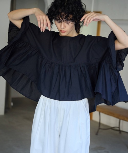 yori　ハーフスリーブティアードブラウス　 36 ハーフスリーブティアードブラウス⭐︎36⭐︎ネイビー⭐︎美品
