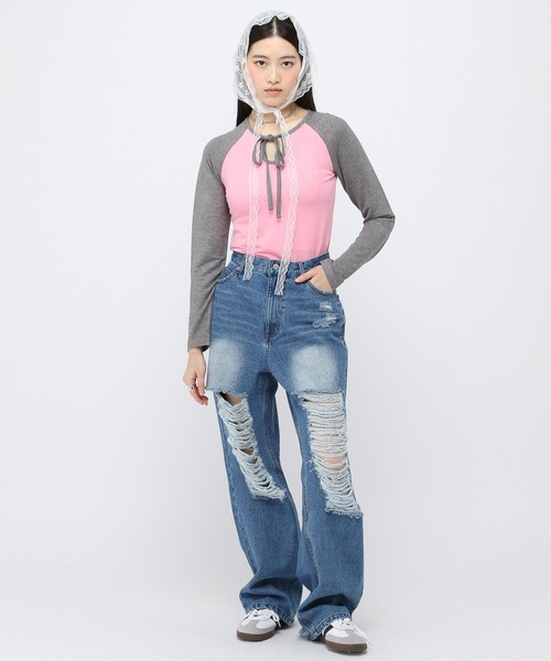 3.3 Field Trip （3.3フィールドトリップ）の「3.3Field Trip／リボンラグラン長袖シャツ（Tシャツ/カットソー・レディース・チャコール/ブルー/ピンク・FREE）」の16枚目の写真