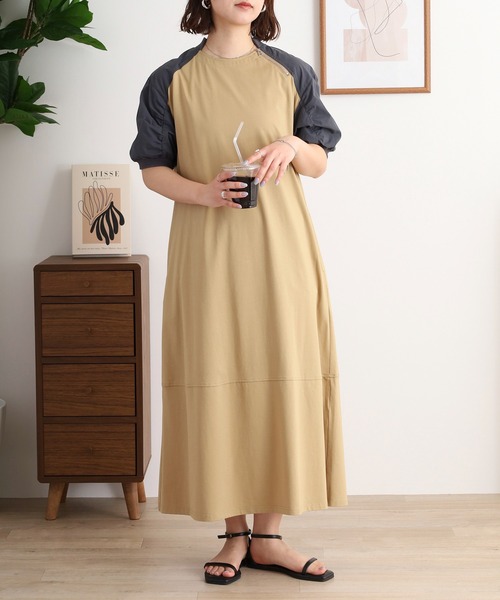 EGLANTINE（エグランティーヌ）の「EGLANTINE 異素材切り替えロングワンピース ラグランスリーブ（ワンピース・レディース・カーキ/チャコールグレー/ベージュ・40）」の3枚目の写真