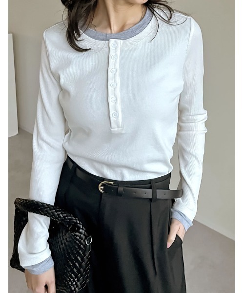 配色ヘンリーネックレイヤード風プルオーバー長袖トップス（Tシャツ