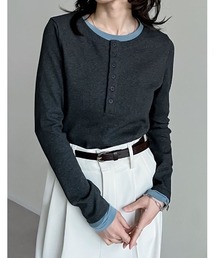 配色ヘンリーネックレイヤード風プルオーバー長袖トップス