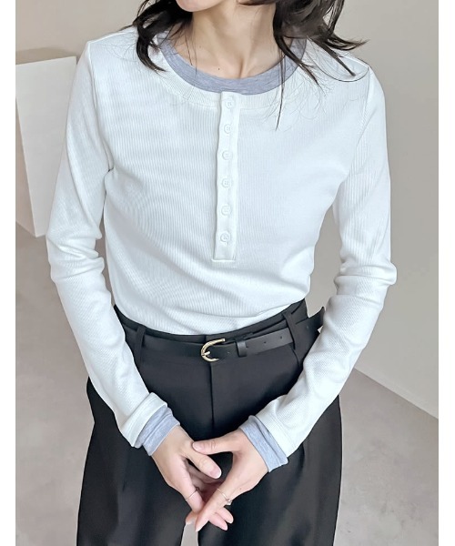 Re:EDIT（リエディ）の「配色ヘンリーネックレイヤード風プルオーバー長袖トップス（Tシャツ/カットソー・レディース・グレー系その他/ブラック系その他/ホワイト系その他/グレー系その他2・MEDIUM/LARGE）」の11枚目の写真