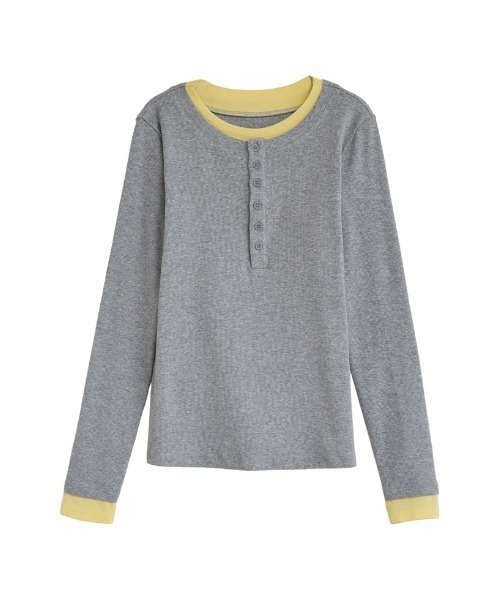 配色ヘンリーネックレイヤード風プルオーバー長袖トップス（Tシャツ
