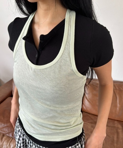 FUULLY STUDIO（フーリィーステューディオ）の「シアーホルターネックキャミ（タンクトップ・レディース・ライトグリーン/アイボリー/ブラック/ブルーグレー/チャコールグレー・FREE）」の5枚目の写真