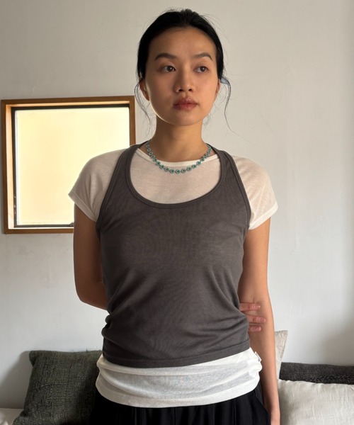 FUULLY STUDIO（フーリィーステューディオ）の「シアーホルターネックキャミ（タンクトップ・レディース・ライトグリーン/アイボリー/ブラック/ブルーグレー/チャコールグレー・FREE）」の17枚目の写真