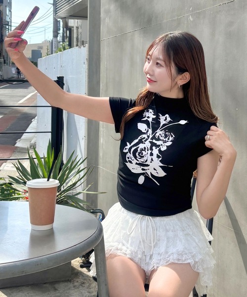 3.3 Field Trip (3.3フィールドトリップ)の「3.3 Field Trip/ローズプリントタートルT(Tシャツ/カットソー・レディース・ブラック/ホワイト・FREE)」の14枚目の写真